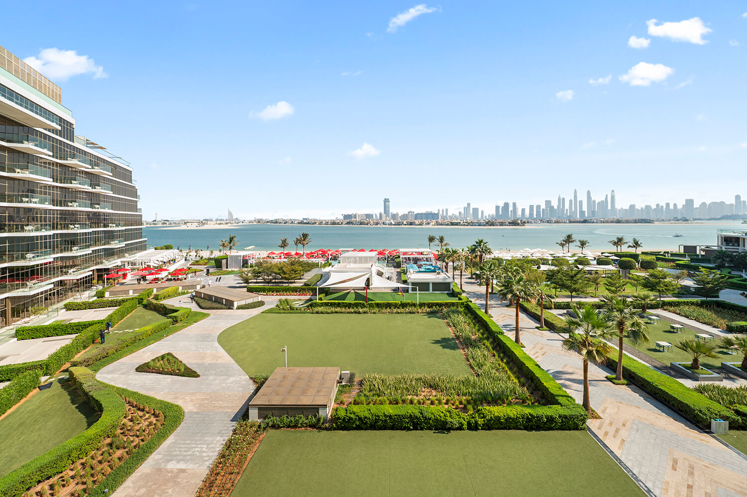 Apartment balcony view overlooking the Dubai skyline sea view