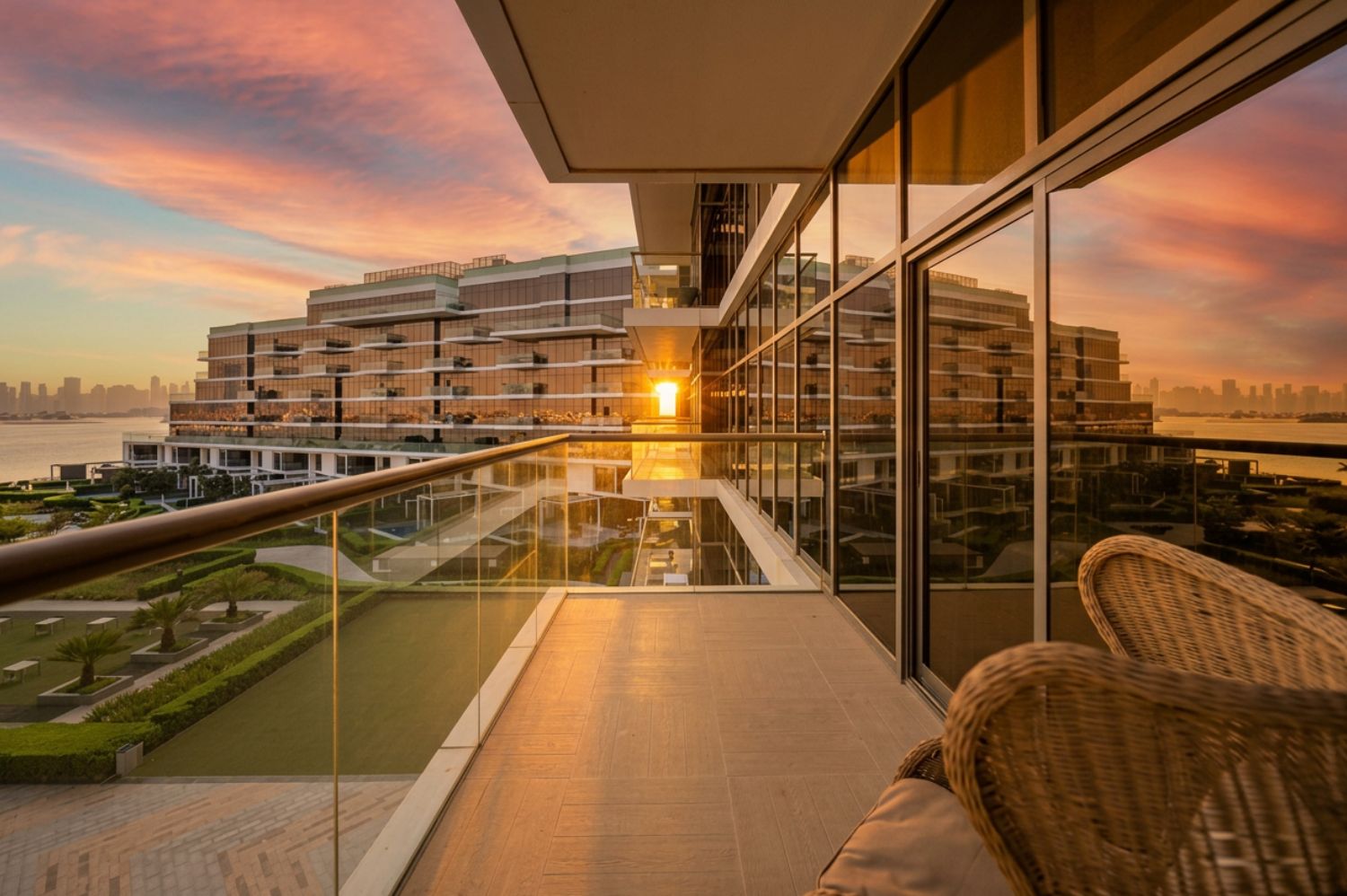 Sunset exterior shot of luxury real estate on the Palm Crescent