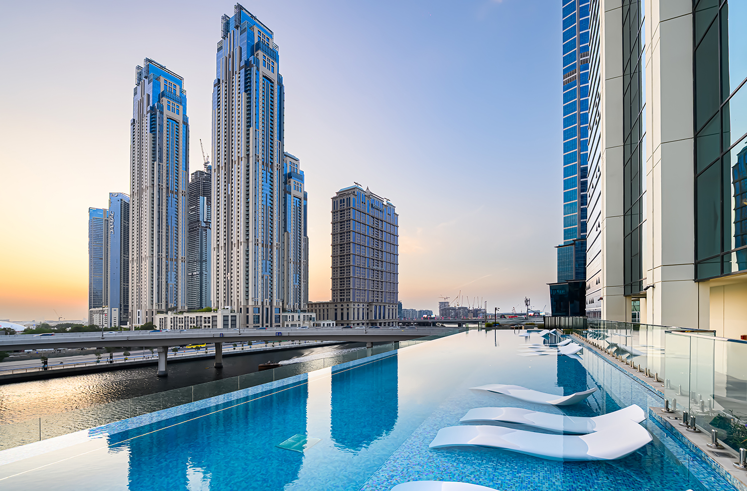 Luxury residential balcony panorama showing Dubai skyline layout