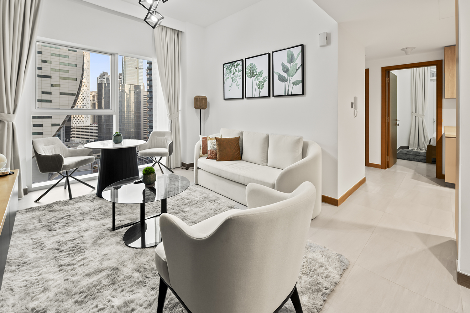 Real estate investment unit wide-angle balanced ambient lighting overview