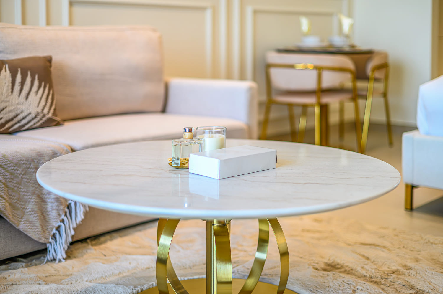 High-end guest toiletries and luxury branded bathroom amenities presentation on marble vanity