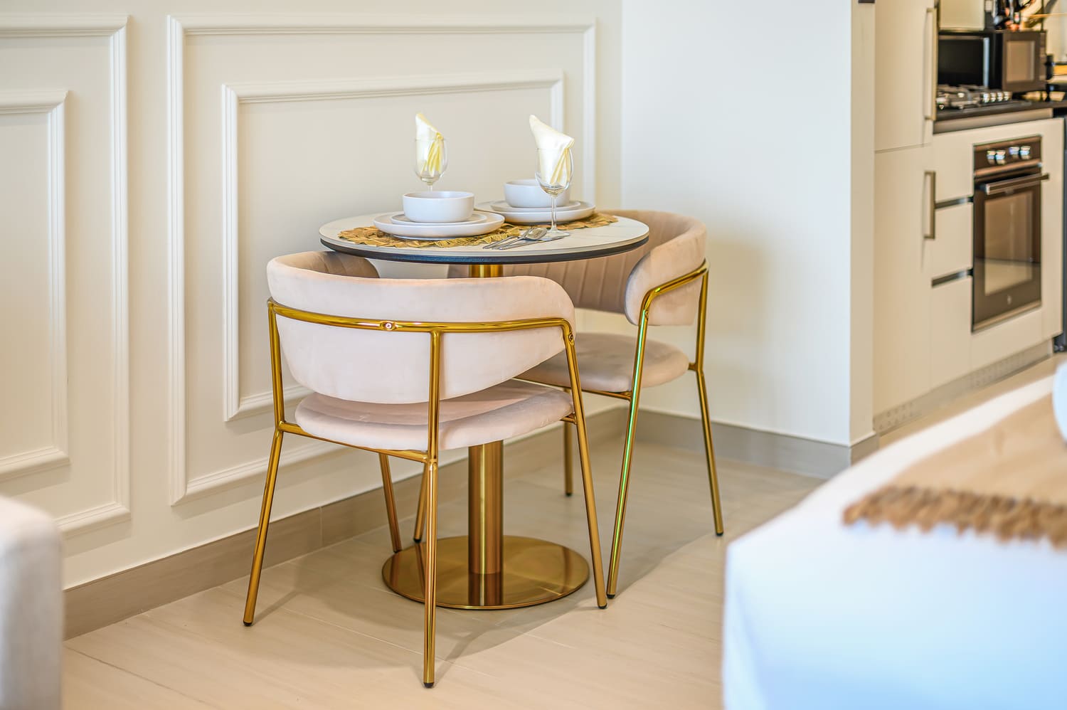 Artistic composition capturing tactile natural wood grain and stone textures throughout unit