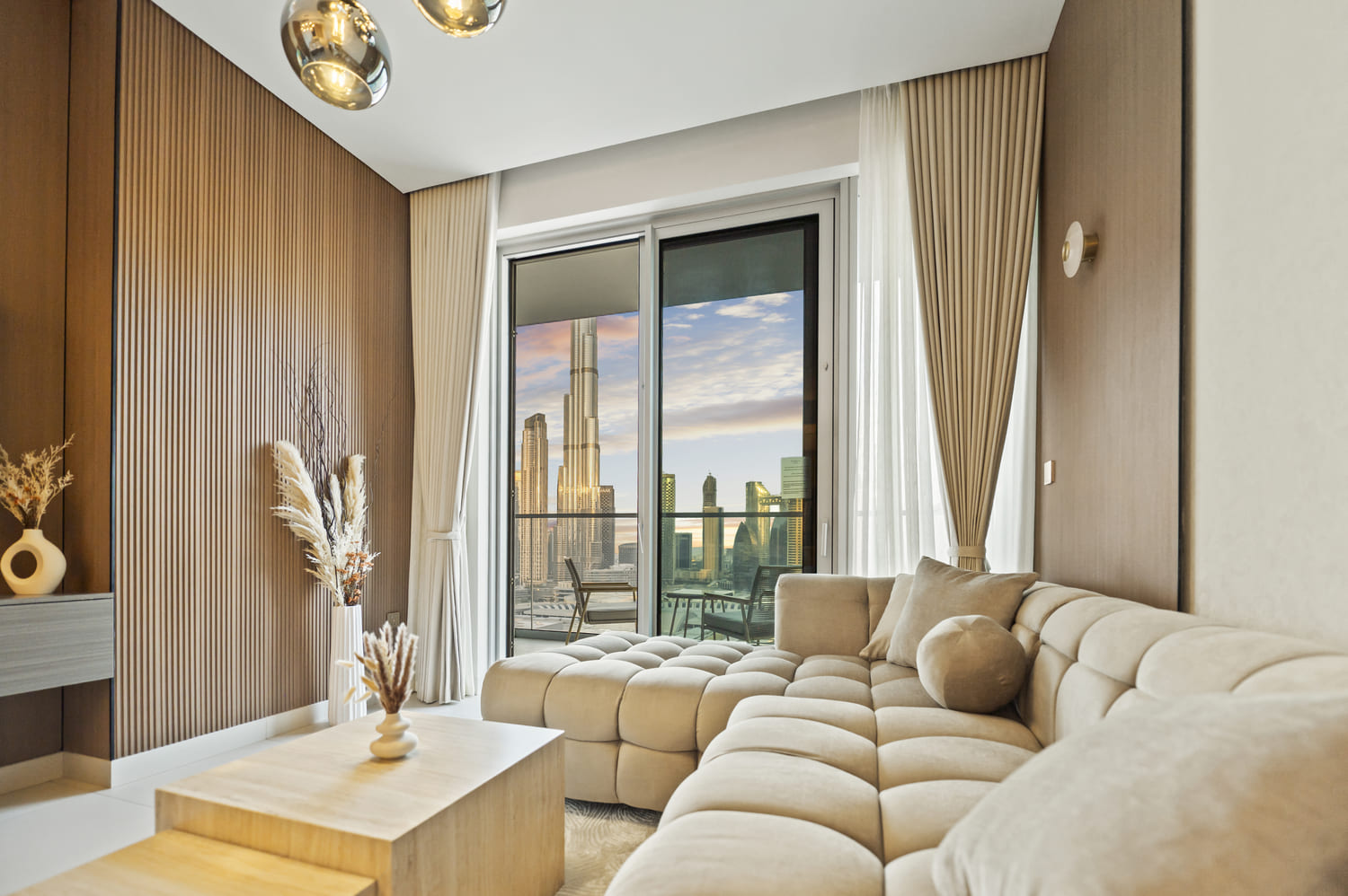 5-bracket HDR balanced window exposure revealing Downtown Dubai architecture from Vida Tower 2 dining lounge