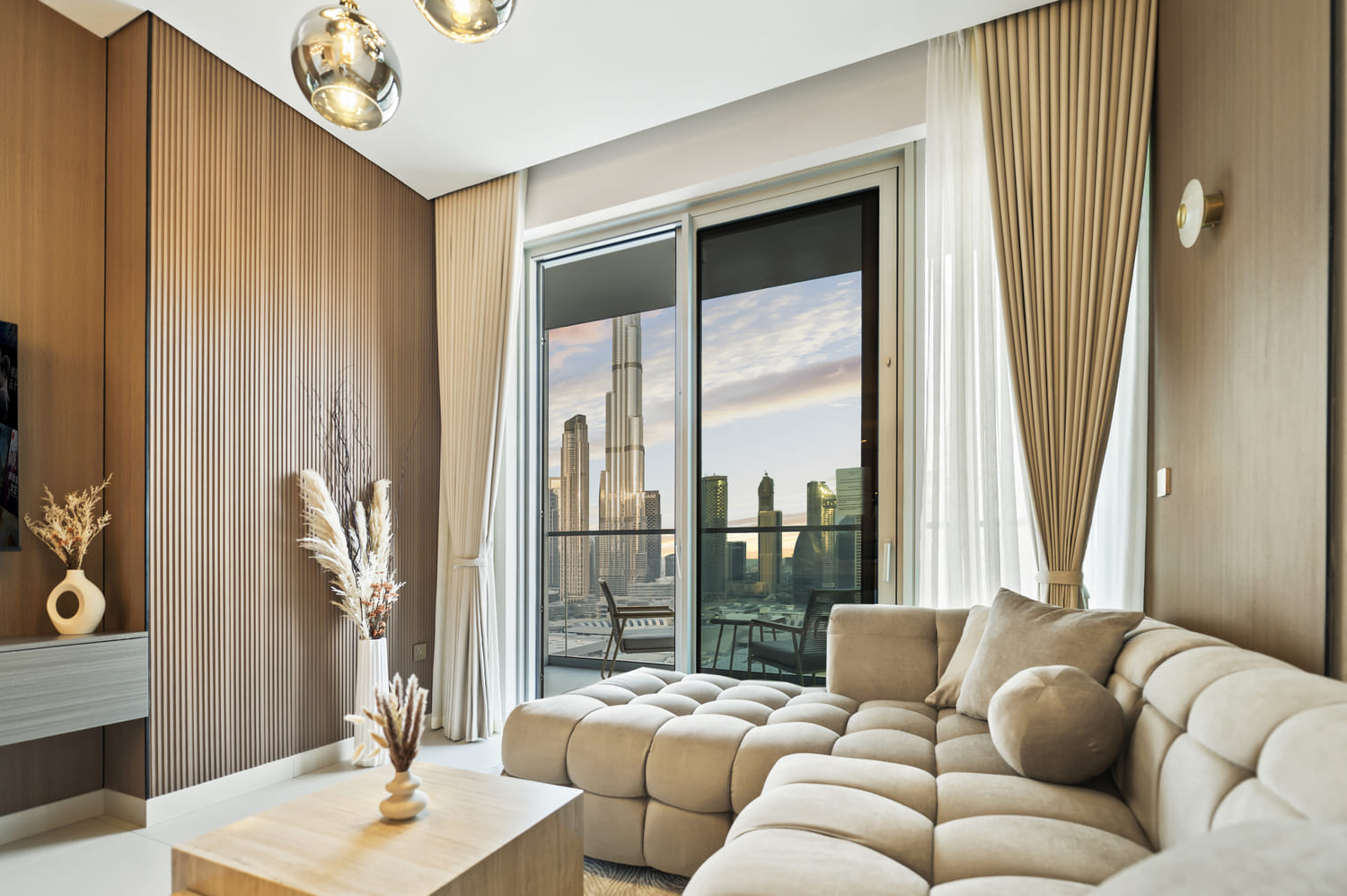 Floor-to-ceiling window view from the dining hall showcasing Downtown Dubai towers at Vida Tower 2 Dubai Mall