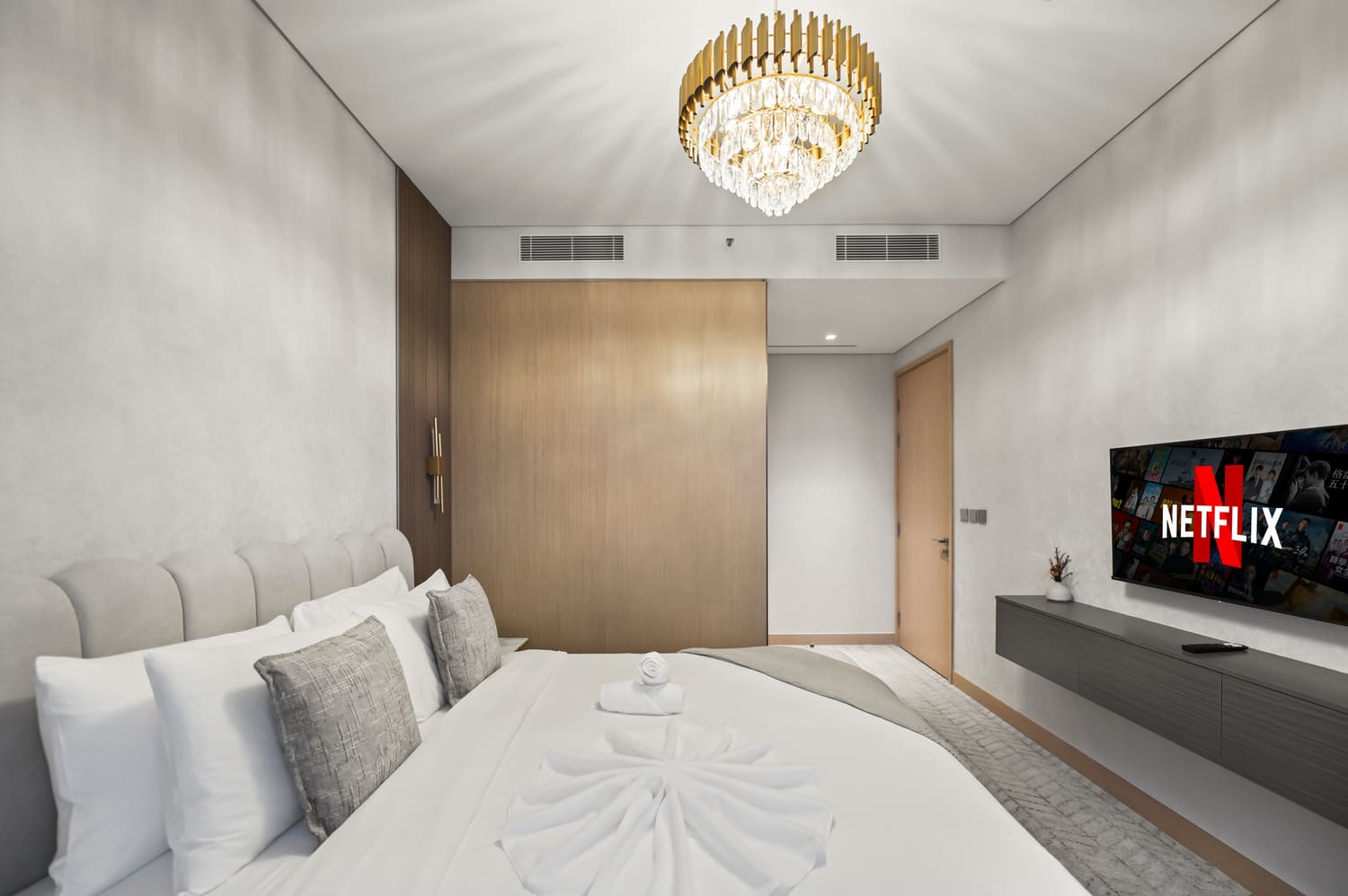 Clean architectural lines and soft textile textures inside Vida Tower 2 Dubai Mall bedroom